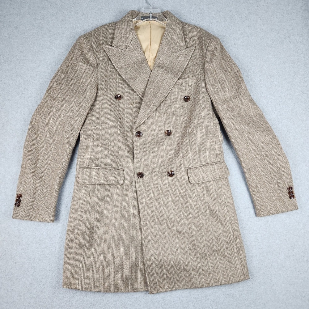 Unbranded Overcoat Mens Size XS Tan Herringbone Double Breasted‎ Peak Lapel